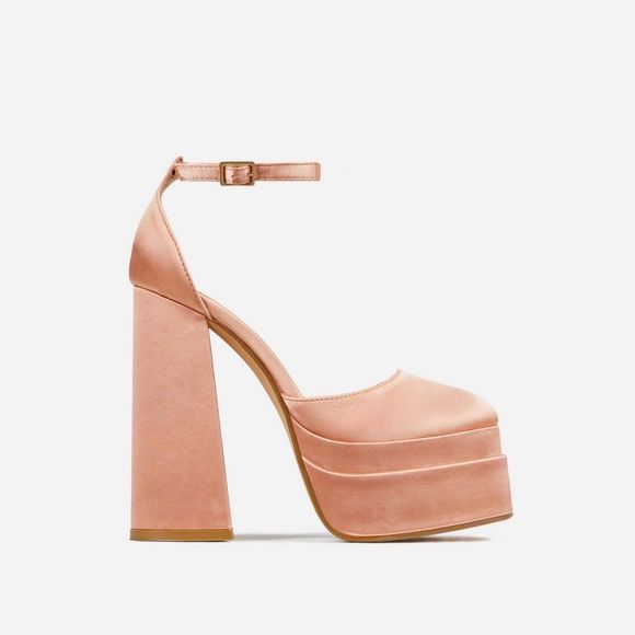 EGO | Happer Close Toe Statement Platform Block Heel Nude Peach Satin | … - Picture 1 of 11